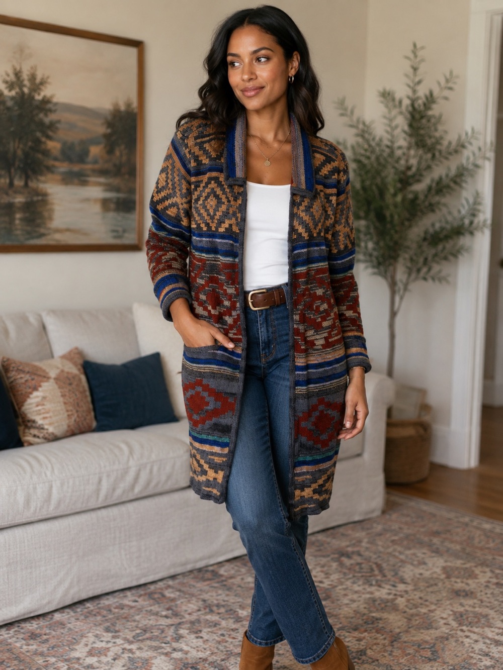 Spense Multicolor Aztec Knit Cardigan - Rust, Navy & Tan
